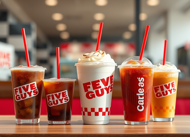 What size options are available for Five Guys fountain drinks?